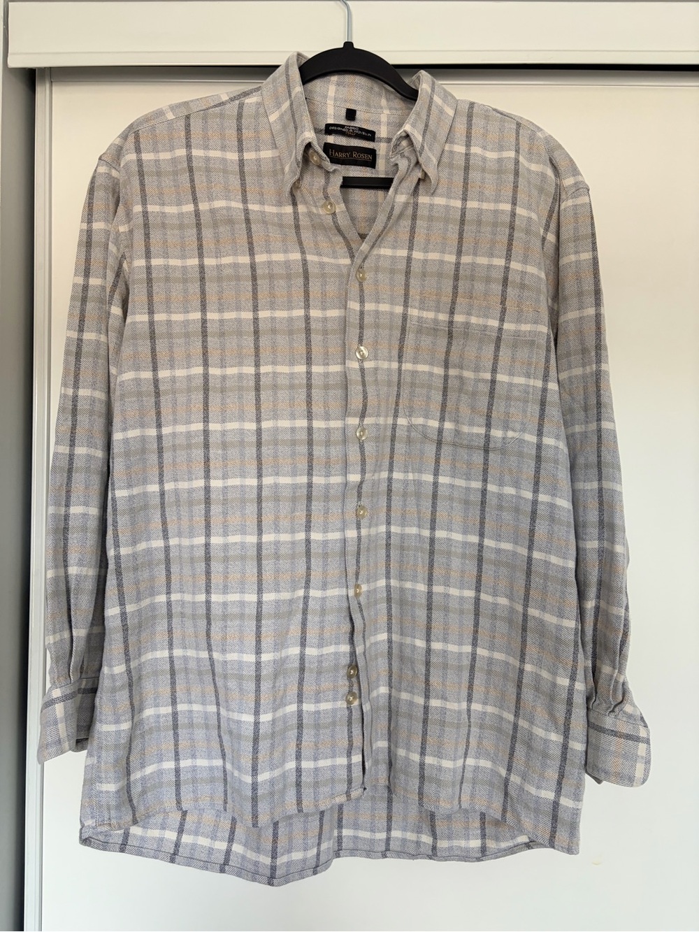 Classic Plaid Button-Down Shirt in Light Gray and Beige